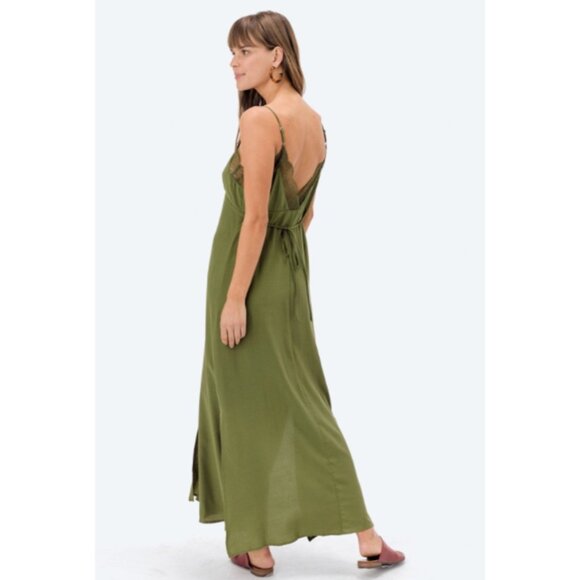 Love Stitch Gabriela Slip Dress Size S Button Front Lace Trim V-neck Slit Green - Picture 5 of 15